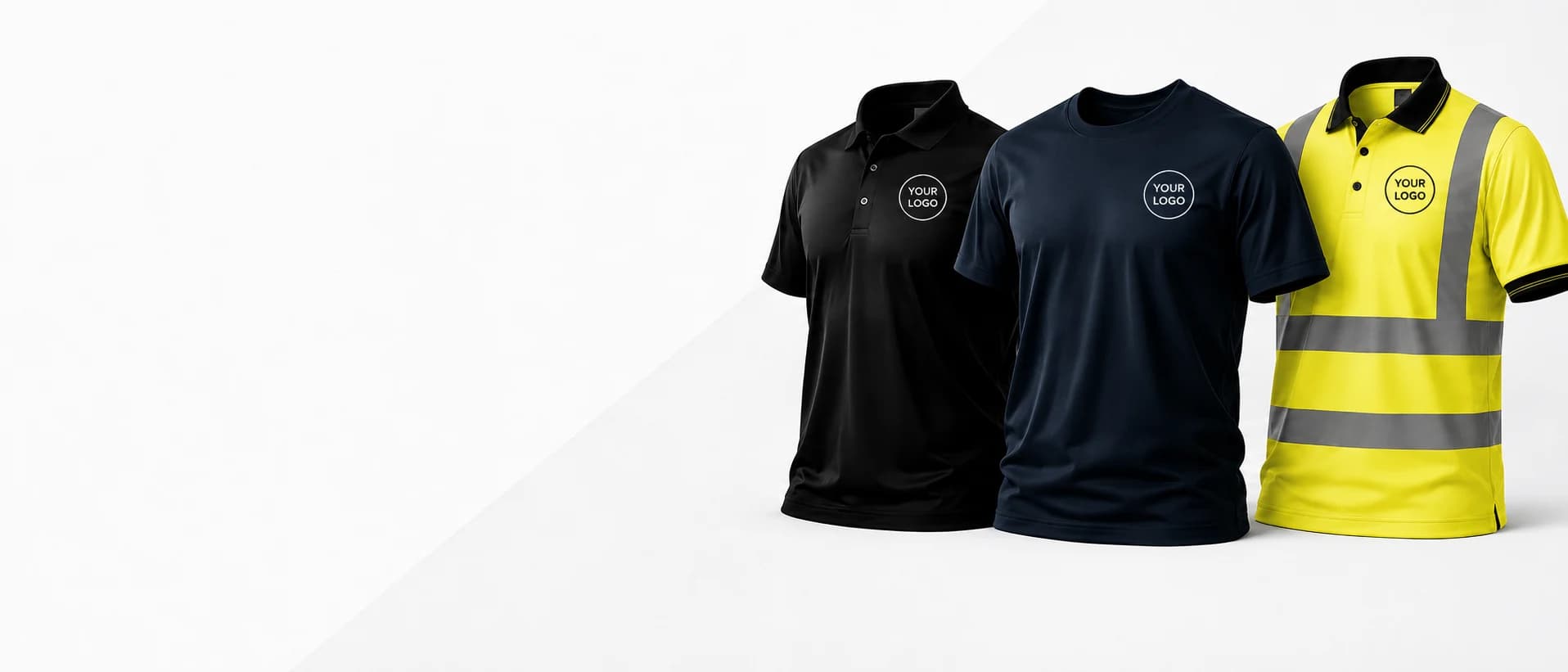 Black polo, navy t-shirt and hi-vis polo with your company logo — custom branded workwear printing in Wembley